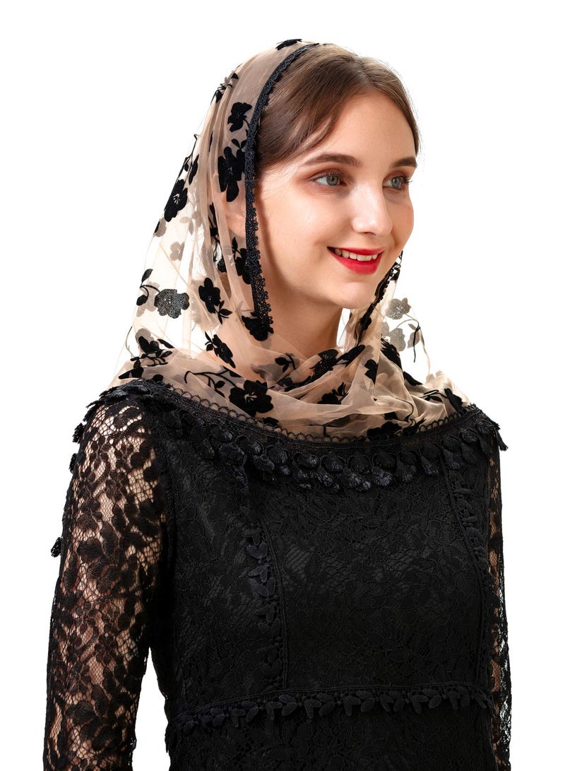 PAMOR Triangle Lace Veil Mantilla Cathedral Head Covering Chapel Veil for Mass Wedding Bridesmaids (Beige and Black) - Image 5